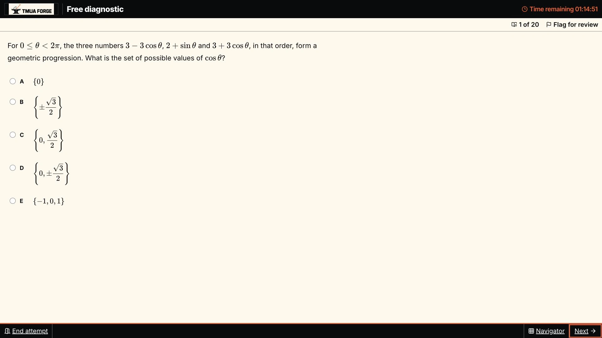 TMUA Forge's timed diagnostic showing a multiple-choice maths question, countdown and exam navigation